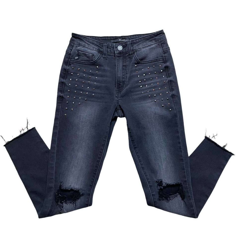 🍀Kancan Black Distressed Ankle Jeans with Rivet Accents Women’s Size 26